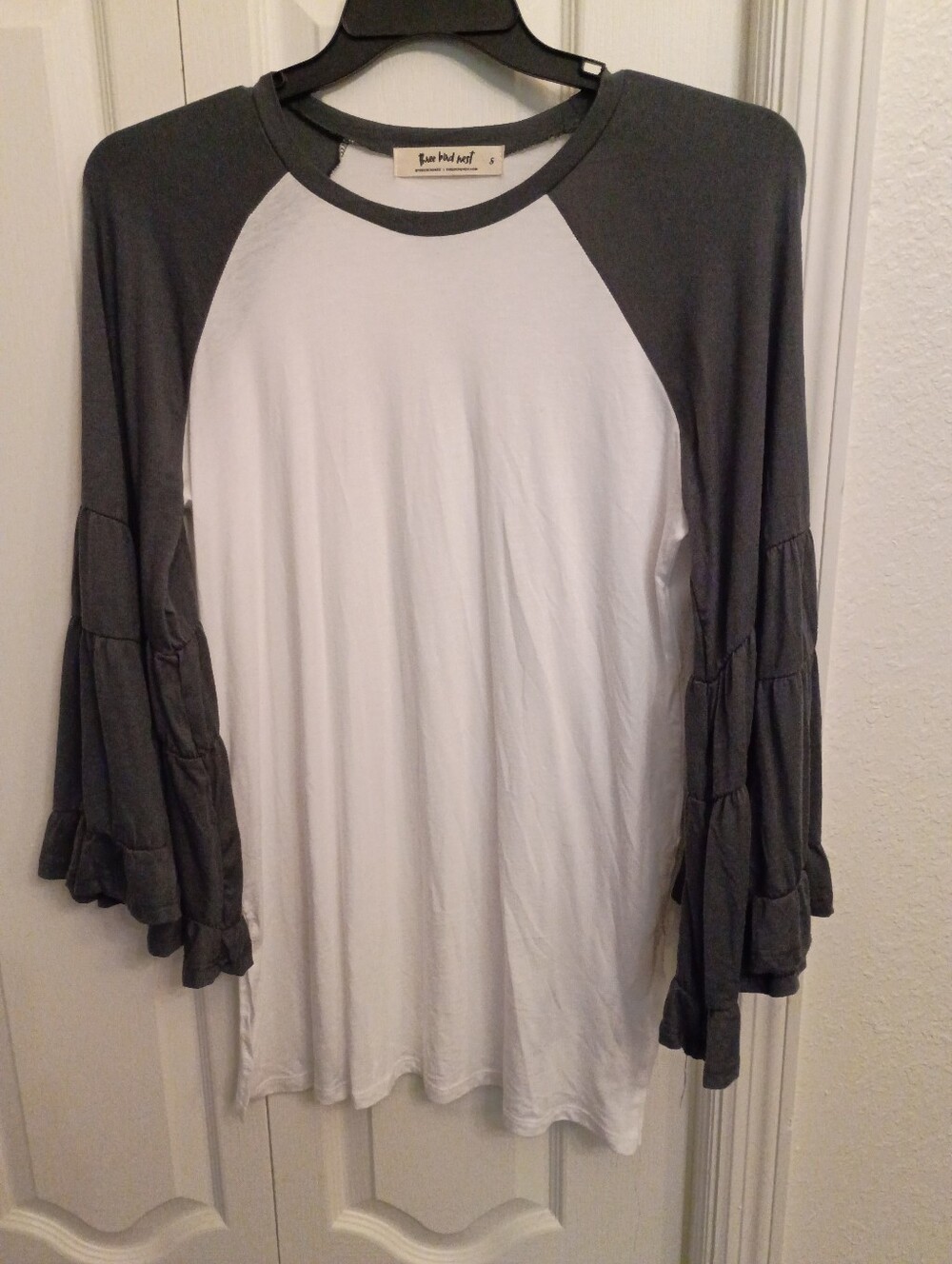 Three Bird Nest White Body with Dark Gray Raglan Bell-Sleeve Top